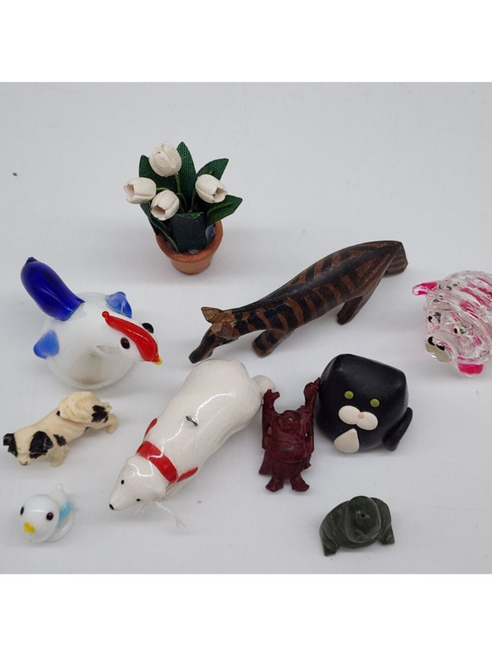 Miniature Handmade Animal Figurine Lot Cat Bear Dog Pig Glass Wood Resin - Picture 2 of 8